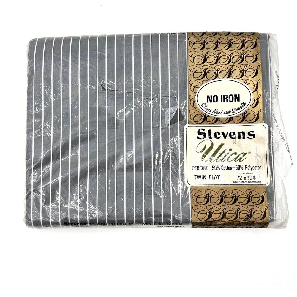 VTG NIP STEVENS UTICA GRAY WHITE STRIPE PERCALE TWIN FLAT SHEET 72X104 NO IRON